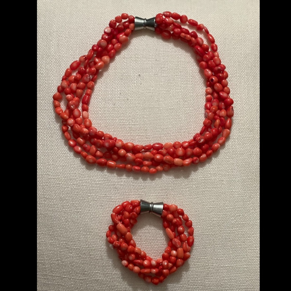 Natural Red Coral Gemstone Necklace and Bracelet Set